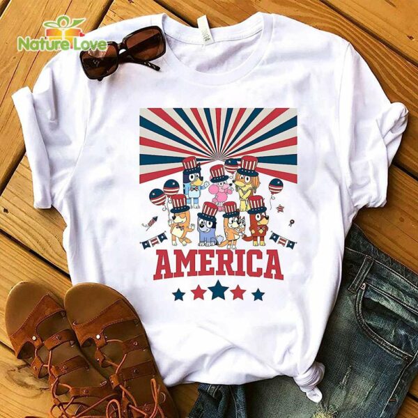 Bluey America 4th of July Tshirt, Red White Bluey Tshirt, America Flag Bluey Bingo 4th of July Tshirt