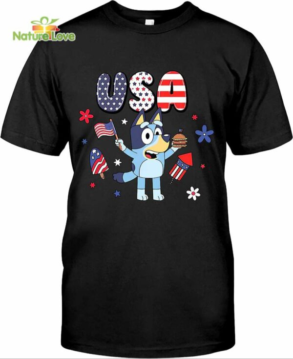 Bluey Character 4th July Mug, Bluey USA 4th July Tshirt, Blue Dog Family 4th of July Tshirt, Patriotic Bluey Tshirt