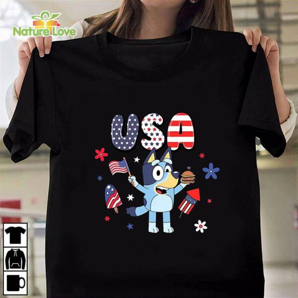 Bluey Character 4th July Mug, Bluey USA 4th July Tshirt, Blue Dog Family 4th of July Tshirt, Patriotic Bluey Tshirt