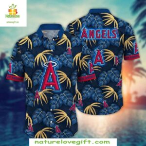 MLB Hawaiian Shirt Angels Navy with Golden Palm Team Logo Baseball Apparel