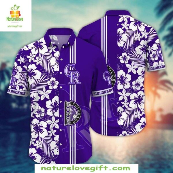 Colorado Rockies Aloha Shirt Elegant White Purple Flora MLB Hawaiian