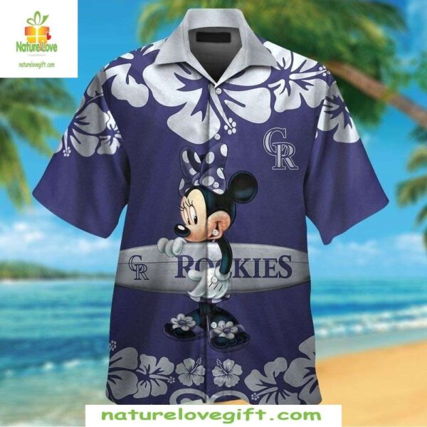Colorado Rockies Hawaiian Shirt with Minnie Mouse and Surfboard Design MLB