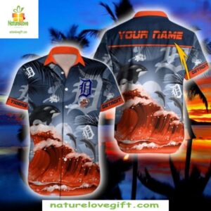 Detroit Tigers Hawaiian Shirt Dolphin Ocean Sky MLB Baseball Apparel