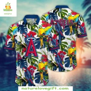MLB Hawaiian Shirt Exotic Parrot Tropical Flora LA Angels Baseball Apparel