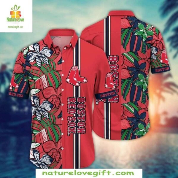 Boston Red Sox Hawaiian Shirt Tropical Flowers Stripe Baseball Apparel