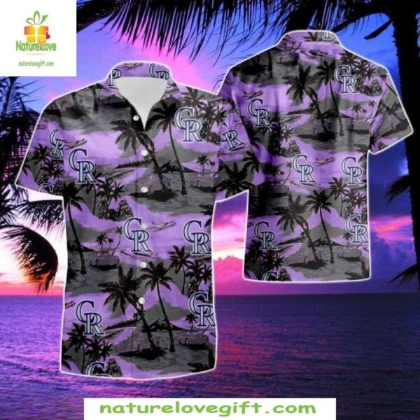 MLB Hawaiian Shirt Purple Sunset Palms Colorado Rockies Baseball Apparel