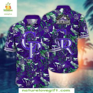 MLB Rockies Hawaiian Shirt Lavender Tropics Button-Up Aloha Baseball Apparel
