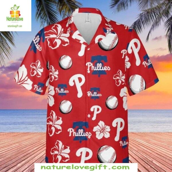 MLB Phillies Hawaiian Shirt Sporty Red Baseball Floral Shirt Stylish Apparel