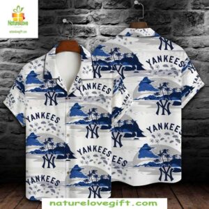NY Yankees Hawaiian Shirt Serene Sky Tropical Baseball Apparel Cloudy Blue Palms