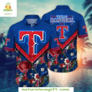 Texas Rangers Hawaiian Shirt Bold Blue Floral MLB Baseball Apparel