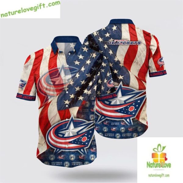Columbus Blue Jackets Hawaiian Shirt American Flag Summer Shirt