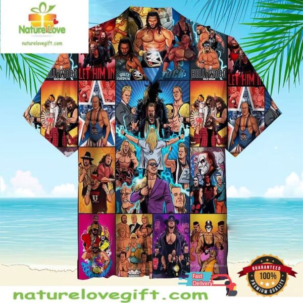 Wrestling Aloha Shirt with Character Collage Design