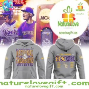 LSU Tigers 2025 Gray Hoodie 8X College World Series Champions