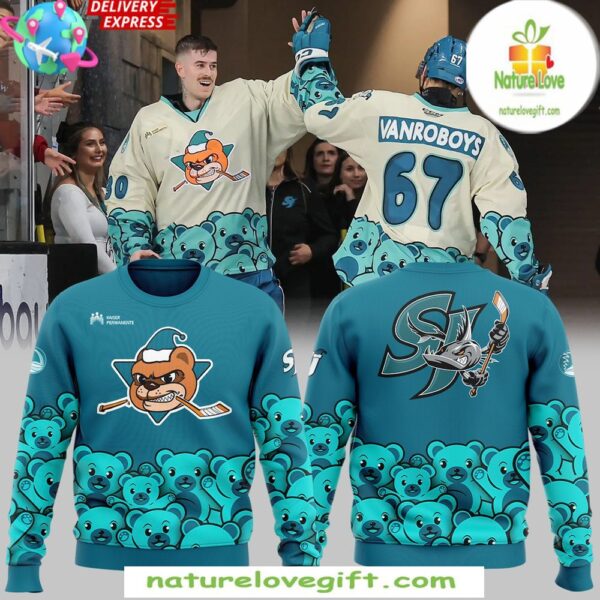 Barracuda Teddy Bear Blue Sweatshirt San Jose Hockey Fan Gift
