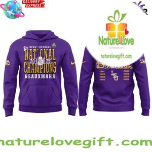 LSU Tigers 2025 NCAA Baseball 8 Time National Champions Purple Hoodie InspirDG 2