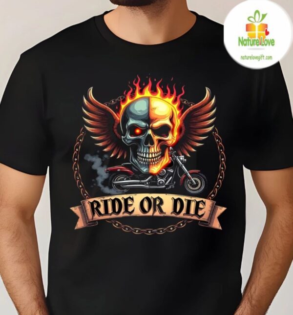 Biker T-Shirt Ride Or Die Flame Skull Hardcore Graphic Tee