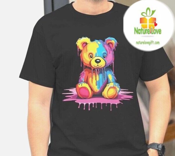 Colorful Teddy Bear T-Shirt Unisex Cute Splash Ink Cotton Short Sleeve