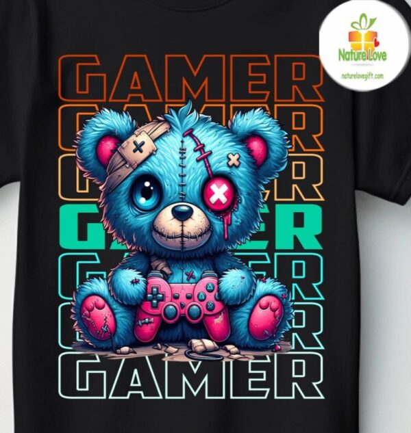 Gamer Tshirt Teddy Bear with Controller Fun Gaming Graphic Tee