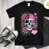 Goth Skeleton Rose T-Shirt Skull Flower Floral Bone Cool Tee