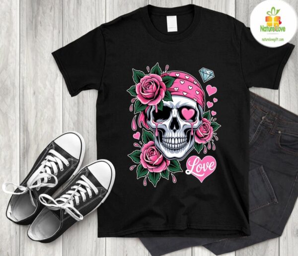 Goth Skeleton Rose T-Shirt Skull Flower Floral Bone Cool Tee
