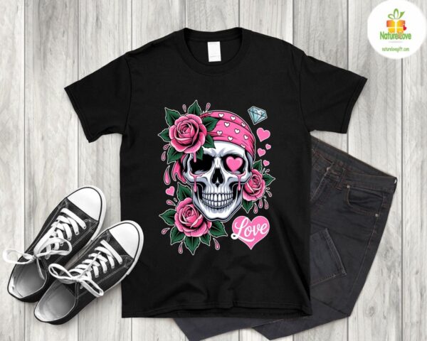 Goth Skeleton Rose T-Shirt Skull Flower Floral Bone Cool Tee