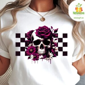 Gothic Skull Tshirt Floral Checkerboard Design Black Tee