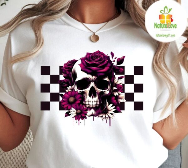 Gothic Skull Tshirt Floral Checkerboard Design Black Tee