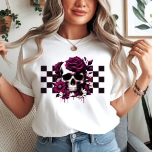 Gothic Floral Skull T shirt With Checkerboard Background 2