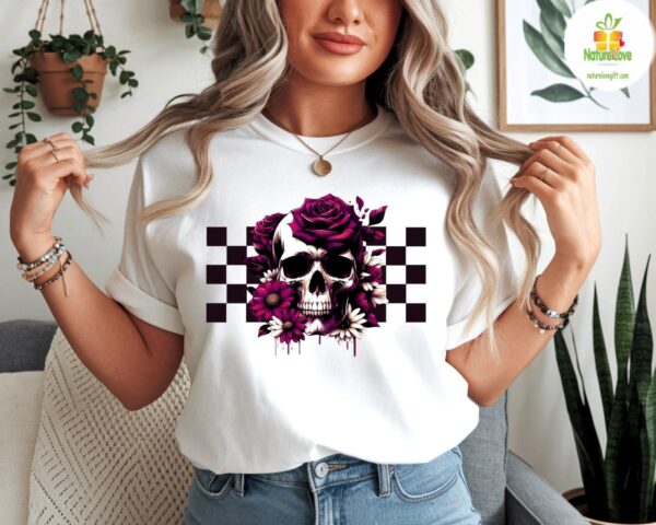 Gothic Skull Tshirt Floral Checkerboard Design Black Tee