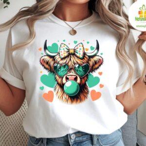 Highland Cow Bubble Gum T shirt Cute Cow With Heart Sunglasses Graphic Tee 1