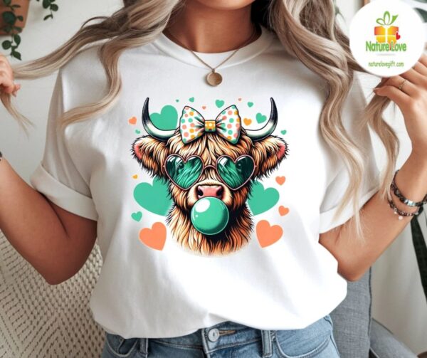 Highland Cow Tshirt Cute Cow With Heart Sunglasses Graphic Tee