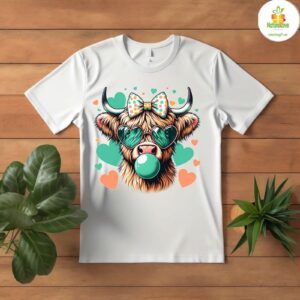 Highland Cow Bubble Gum T shirt Cute Cow With Heart Sunglasses Graphic Tee 2