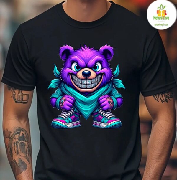 Hip Hop Bear Tee Purple Street Cartoon Graphic With Grills
