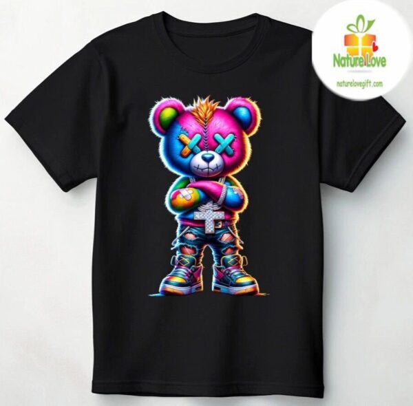 Hip Hop Teddy Bear T Shirt Neon Cartoon Colorful Design