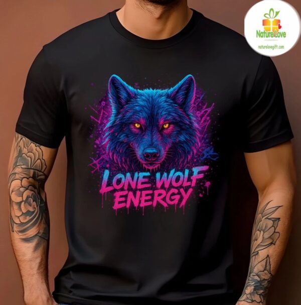 Men’s Wolf Graphic Tee Lone Wolf Energy Animal Power Neon T-Shirt