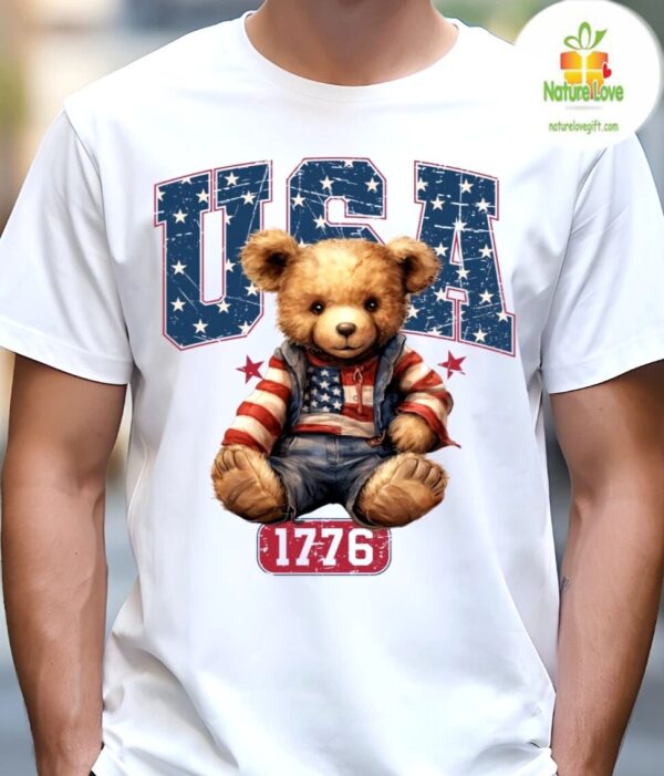 Patriotic American Flag Tshirt USA Teddy Bear 1776 Graphic Tee