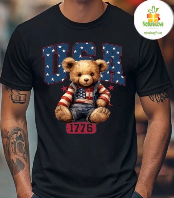 Patriotic American Flag Tshirt USA Teddy Bear 1776 Graphic Tee