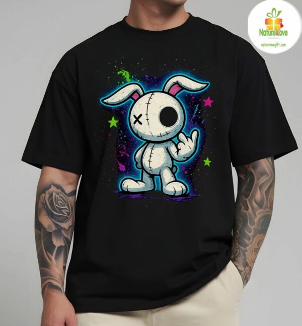 Punk Rock Bunny Rabbit Giving Finger Black T-Shirt Grunge Gothic Tee