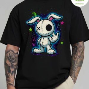 Punk Rock Stitched Bunny Rabbit Giving Finger T shirt Grunge Gothic Black Tee 2