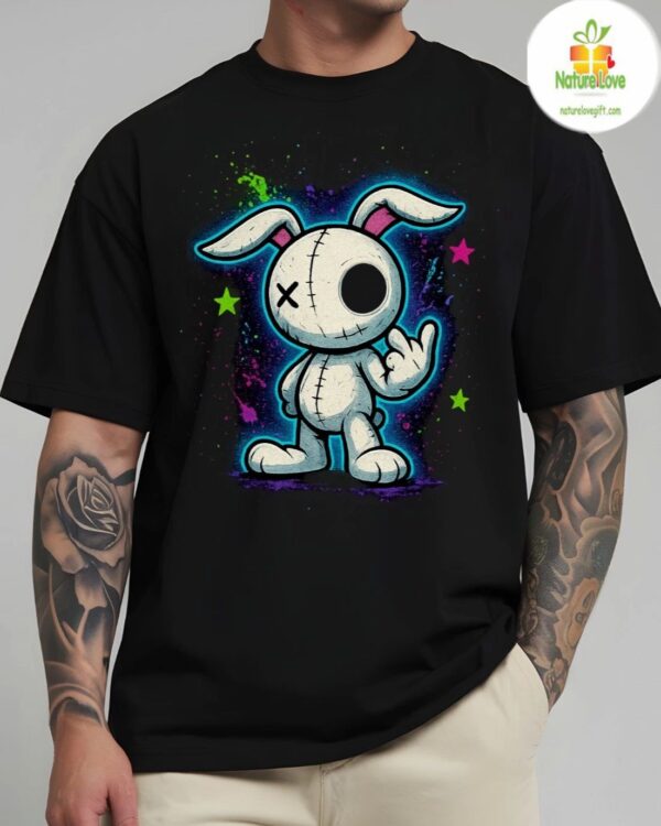 Punk Rock Bunny Rabbit Giving Finger Black T-Shirt Grunge Gothic Tee