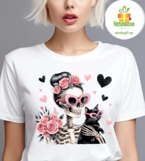 Women’s Gothic Skeleton Cat T-Shirt Cute Aesthetic Tee