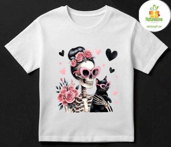 Women’s Gothic Skeleton Cat T-Shirt Cute Aesthetic Tee