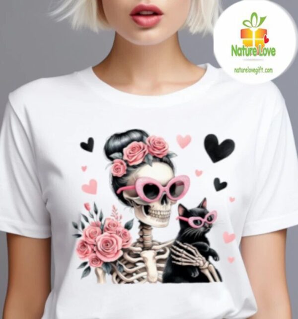 Women’s Gothic Skeleton Cat T-Shirt Cute Aesthetic Tee