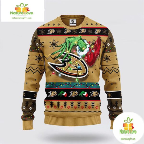 Anaheim Ducks Ugly Christmas Sweater Grinch Hand Holiday Design