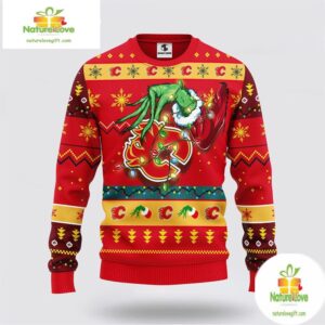 Calgary Flames Ugly Christmas Sweater Grinch Hand Design