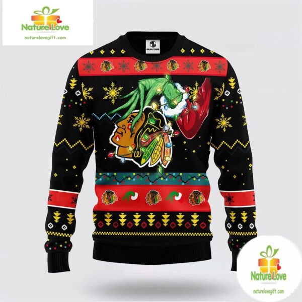 Chicago Blackhawks Grinch Ugly Christmas Sweater NHL Holiday