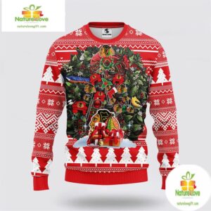 Chicago Blackhawks Ugly Christmas Sweater Tree Ball Red NHL