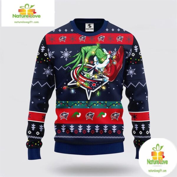 Columbus Blue Jackets Ugly Christmas Sweater Grinch Hand Design