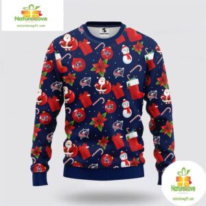 Columbus Blue Jackets Ugly Christmas Sweater Santa Snowman NHL