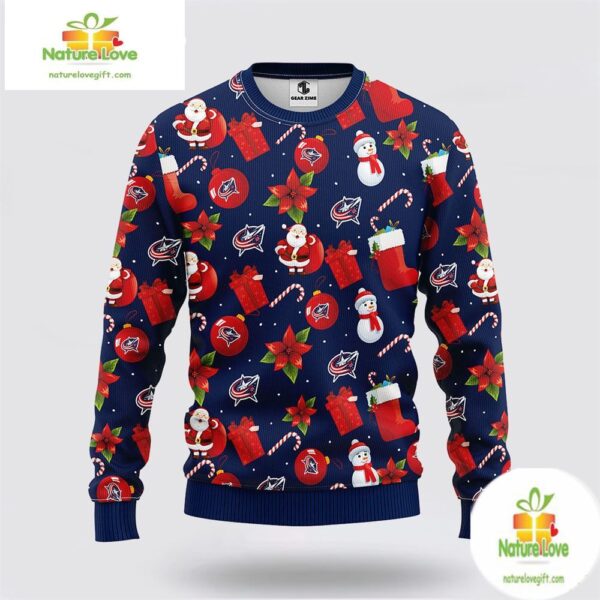 Columbus Blue Jackets Ugly Christmas Sweater Santa Snowman NHL